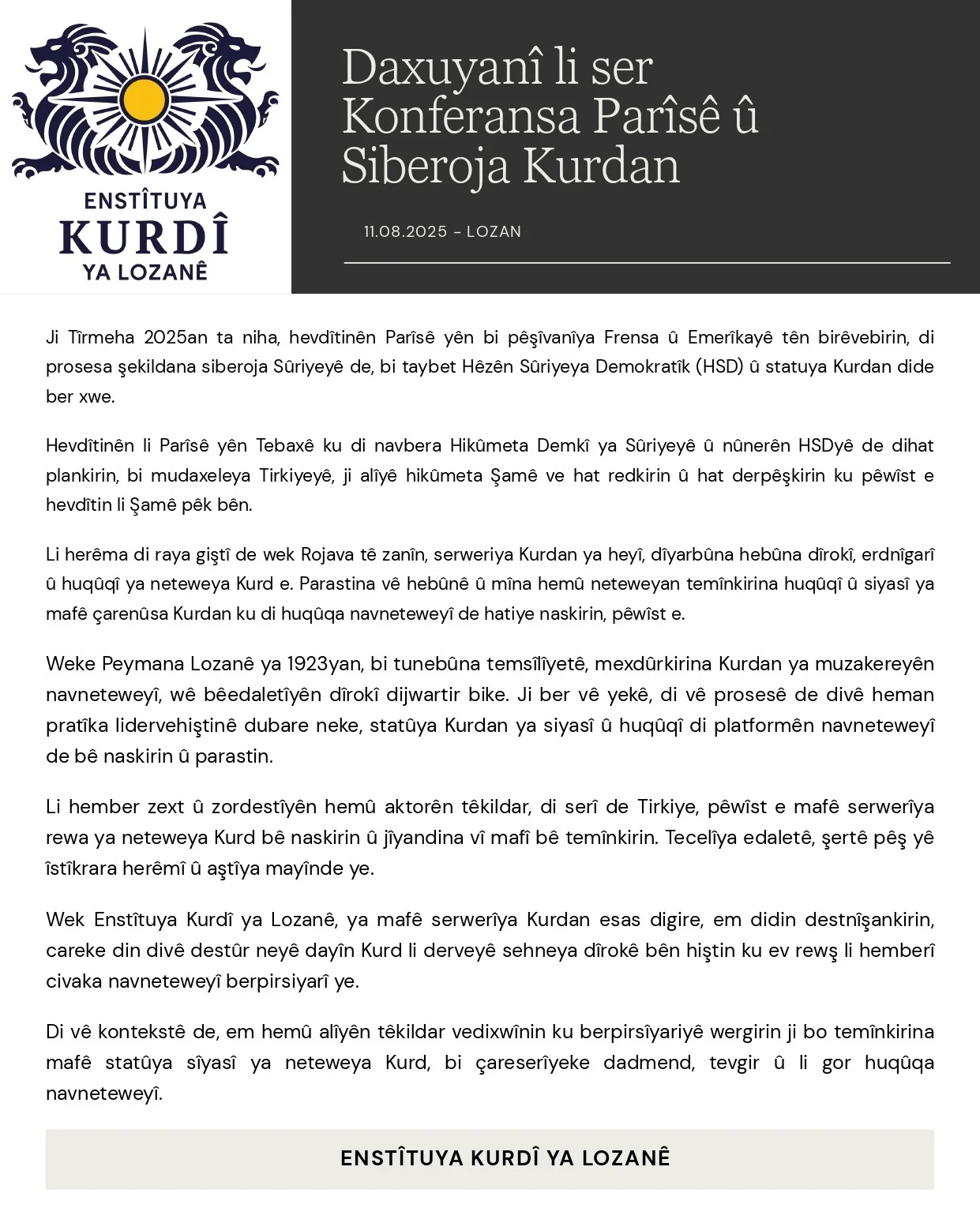 Statement on the Paris Conference and the Future of the Kurds